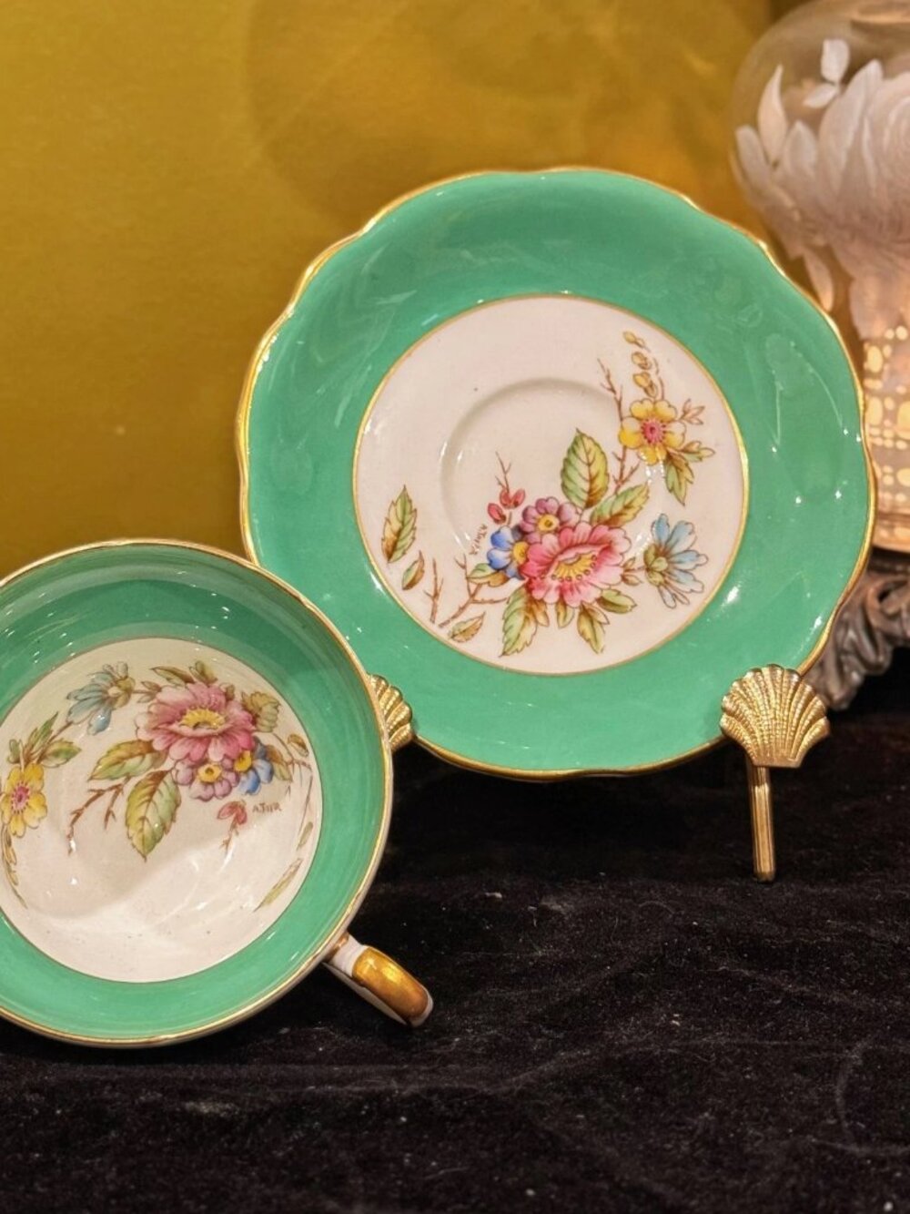Vintage Foley Turquoise Pink Floral Teacup Saucer Gold